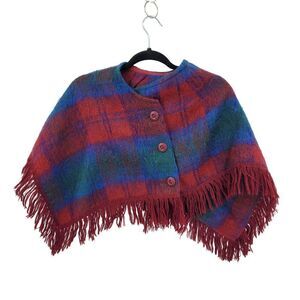 Vtg Scottish Cropped Poncho Mohair Wool Red Blue Plaid Fringe Cape Shawl‎ Twee